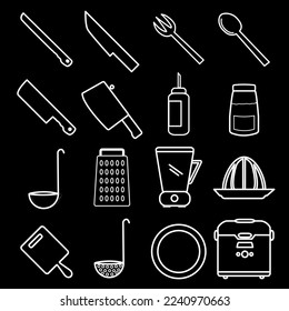 16 kitchen set vector icon isolated on black background, cookware, kitchenware