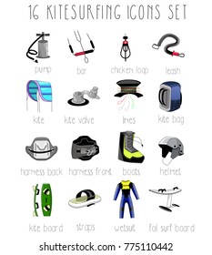 16 Kitesurfing icons set.Color, flat design, line art, logo, elements, symbols, accessory, equipment, hand drawn.Water sports school, website, banner, logo, isolated objects.Kitesurfing, kiteboarding