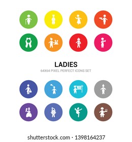16 ladies vector icons set included accounter woman, acrobat woman, astronaut woman, bride with bouquet, bussines lady, buying dress, dreamy girl, engineer feminist firewoman, florist icons