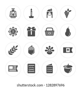 16 Lamp, Candle, Tablet, United states of america, Canada, Acorn, Sunflower, Wheat, Basket modern icons on round shapes, vector illustration, eps10, trendy icon set.