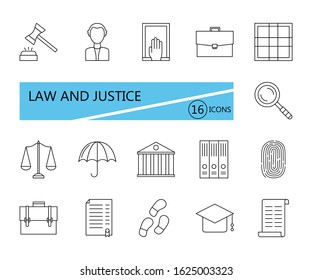 16 law and justice icons. Set thin line signs. Flat vector illustration isolated on white background.