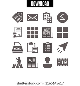 16 letter vector icon set with news paper, send, stamp and clipboard icons for mobile and web