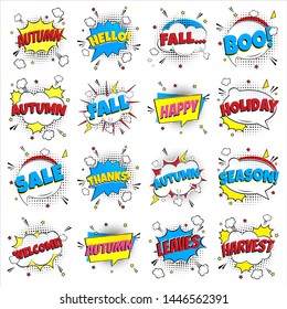 16 Lettering Autumn In The Speech Bubbles Comic Style Flat Design. Dynamic Pop Art Vector Illustration Isolated On White Background. Exclamation Concept Of Comic Book Style Pop Art Voice Phrase.
