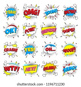 16 lettering set in the speech bubbles comic style flat design. Dynamic pop art illustration isolated on white background. Exclamation concept of comic book style pop art voice phrases.