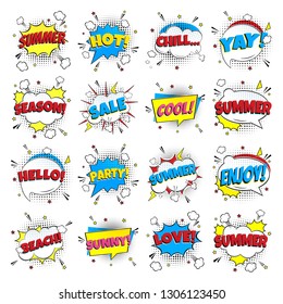 16 Lettering Summer In The Speech Bubbles Comic Style Flat Design. Dynamic Pop Art Vector Illustration Isolated On White Background. Exclamation Concept Of Comic Book Style Pop Art Voice Phrase.