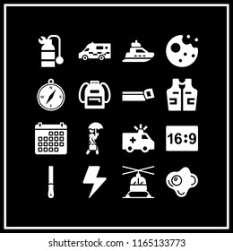 16 life vector icon set with vest, helicopter, cookie and boat icons for mobile and web