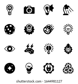 16 helle Symbole einzeln auf weißem Hintergrund. Mit Innovation ausgestattete Symbole, Fotodienste, Kreative Kampagne, Mond, Kreativer Prozess, Komet, Vision, Gewitter-Symbole des Gehirns.