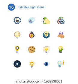 16 iconos planos claros establecidos aislados en . Iconos con servicio eléctrico, cometa, lámpara de mesa, Idea, Innovación de negocio, proceso creativo, innovación, luna, bombilla cerebral, iconos de estrellas.