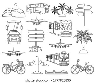 16 line art black and white vacation icons. Travel themed vector illustration for label, certificate, coupon or sale banner background decoration