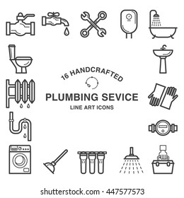 16 line art icons for plumbing service business.