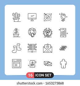 16 Line Black Icon Pack Outline Symbols for Mobile Apps isolated on white background. 16 Icons Set.