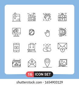 16 Line Black Icon Pack Outline Symbols for Mobile Apps isolated on white background. 16 Icons Set.