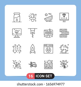 16 Line Black Icon Pack Outline Symbole für mobile Apps einzeln auf weißem Hintergrund. 16 Symbole Set.