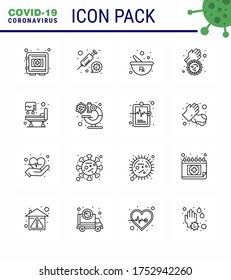 16 Line Coronavirus Covid19 Icon pack such as hospital bed; covid; vaccine; dirty hands; preparing viral coronavirus 2019-nov disease Vector Design Elements
