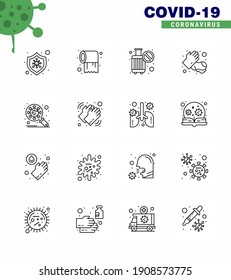 Paquete de iconos de 16 líneas Coronavirus Covid19 como corona; lavado; prohibición; médico; coronavirus viral de jabón 2019-nov Enfermedad Vector Elementos de diseño