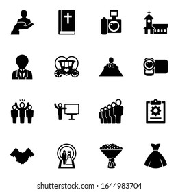 16 line filled icons set isolated on white background. Icons set with client, Bible, wedding photography, creativity, Brougham, director, leader, coach, church, video shooting icons.