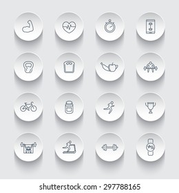 16 line fitness, gym, training icons on round 3d shapes, vector illustration, eps10, easy to edit