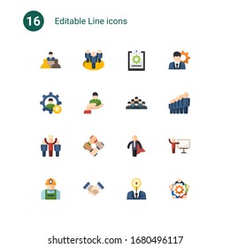 16 Linien flache Symbole einzeln auf . Symbole mit Regisseur, Team, Projekt, Geschicklichkeit, Kunde, Angestellter, Angestellter, Leiter, Start-up-Team, Business-Helden, Arbeitnehmer, Partnerschaft, Kreativität Symbole.