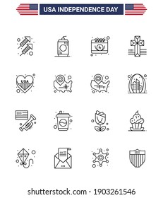 16 Line Signs for USA Independence Day love; american; american; church; american Editable USA Day Vector Design Elements