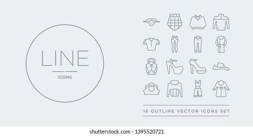 16 line vector icons set such as dressing gown, dungarees, fleece, hand bag, hat contains heels, high heel, hoodie, housecoat. dressing gown, dungarees, fleece from clothes outline icons. thin,