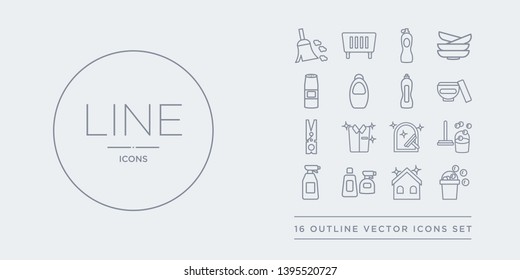 16 line vector icons set such as cleaning, cleaning house, cleaning products, spray, tools contains window, clothes clothes peg, cream. house, products from outline icons. thin, stroke elements