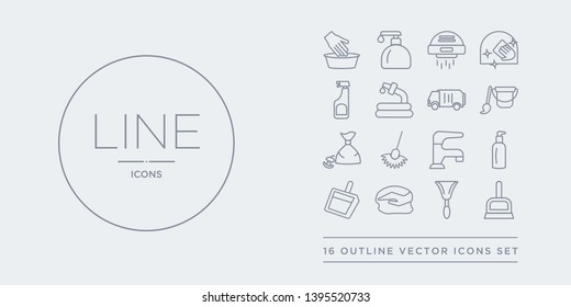 16 line vector icons set such as dust pan, duster, dusting, dustpan, emulsion contains faucet, feather duster, floor mop, garbage. dust pan, duster, dusting from cleaning outline icons. thin, stroke