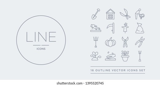 16 line vector icons set such as pitchfork, plant, plant seeds, plant sprout, pruners contains pruning shears, pumpkin, rake, sack. pitchfork, seeds from agriculture, farming outline icons. thin,