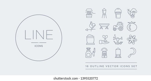 16 line vector icons set such as sickle, silo, smart farm, sprayer, spring flower contains sprinkler, sprout, sugar, tomato. sickle, silo, smart farm from agriculture, farming outline icons. thin,