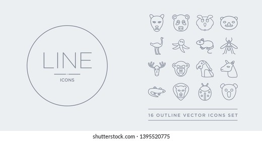 16 line vector icons set such as koala, ladybug, lion, lizard, llama contains macaw, monkey, moose, mosquito. koala, ladybug, lion from animals outline icons. thin, stroke elements