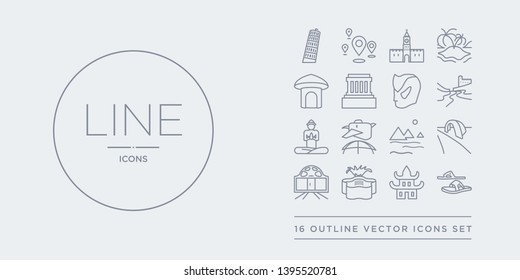 16 line vector icons set such as flip flops, forbidden city, fountain, gate, gateway arch contains giza, grand tour, great buddha of thailand, great wall of china. flip flops, forbidden city,