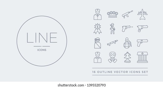 16 line vector icons set such as explosion, federal agency, fighter plane, gas mask, general contains glock, grenade, grenade launcher, guerrilla. explosion, federal agency, fighter plane from army