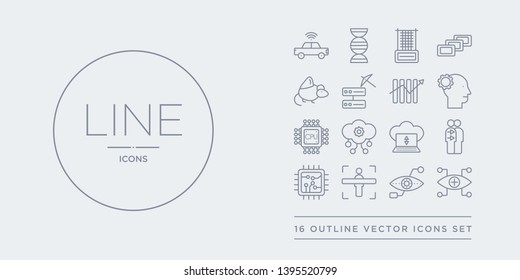 16 line vector icons set such as bionic contact lens, bionic eye, body scan, chip, cloning contains cloud computing, cloud intelligence, cpu, cyborg. bionic contact lens, eye, body scan from