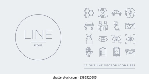 16 line vector icons set such as drone, egg incubator, evaluation, exoskeleton, eye scan contains eye tap, eye tracking, face recognition, field of view. drone, egg incubator, evaluation from