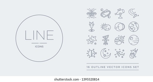 16 line vector icons set such as comet, constellation, crescent moon, day and night, death star contains destroyed planet, dioptra, double star, earth. comet, constellation, crescent moon from