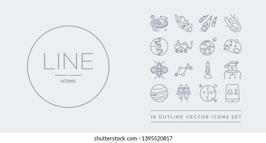 16 line vector icons set such as generator, half moon, jet pack, jupiter, lander contains liftoff, lyra constellation, magnetic field, magnitude. generator, half moon, jet pack from astronomy