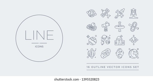 16 line vector icons set such as moon, moon phases, nebula, neptune, orbit contains planetarium, planets, pluto, pulsar. moon, phases, nebula from astronomy outline icons. thin, stroke elements