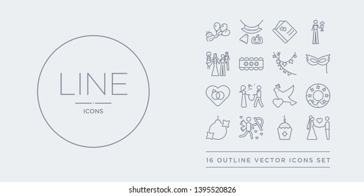16 line vector icons set such as couple, cupcake, cupid, disco ball, donut contains dove, engagement, engagement ring, eye mask. couple, cupcake, cupid from wedding and love outline icons. thin,