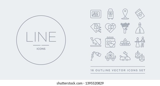 16 line vector icons set such as wedding candle, wedding car, wedding carriage, champagne, couple contains crown, day, dinner, dress. candle, car, carriage from and love outline icons. thin, stroke