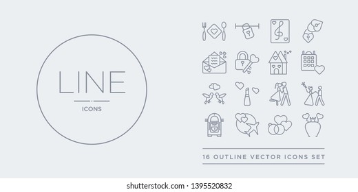 16 line vector icons set such as headband, hearts, honeymoon, jukebox, just married contains kiss, lipstick, love birds, love calendar. headband, hearts, honeymoon from birthday and party outline