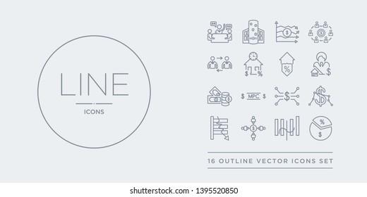 16 line vector icons set such as margin, median, merger, microeconomics, minimum wage contains monetarism, monetary policy committee, money supply, mortgage broker. margin, median, merger from