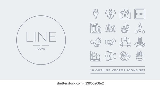16 line vector icons set such as data analytics, data analytics circular, data analytics flow, wave, database analysing contains database interconnected, deal, debt, department head. circular, flow