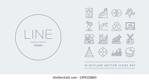16 line vector icons set such as graph pie, growth, hexagonal interconnections, hierarchy, id card contains increasing stocks, ipo, laptop profits graphics, laptop with analysis. graph pie, growth,