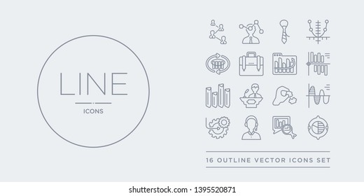 16 line vector icons set such as round value chart, search analytics, service, setting flow interface, sine waves analysis contains solution, speech, statistics, stock data analysis. round value