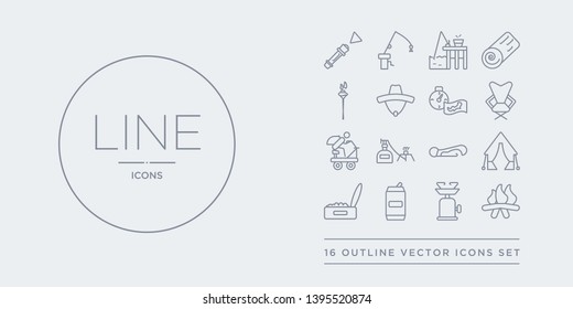 16 line vector icons set such as campfire, camping gas, can, canned food, canvas contains carabiner, cooking gas, cyclist, deck chair. campfire, camping gas, can from camping outline icons. thin,