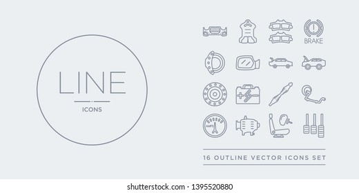 16 line vector icons set such as car accelerator, car air bag, car alternator, ammeter, anti-roll bar contains axle, battery, bearing, bonnet. accelerator, air bag, alternator from parts outline