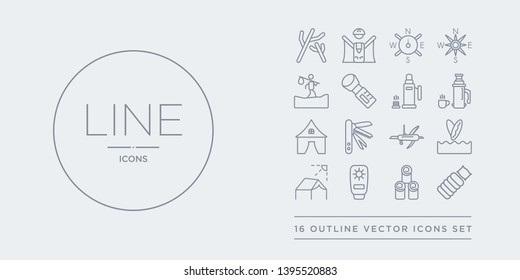 16 line vector icons set such as sleeping bag, stump, sun lotion, sun protection, surfing contains swiss army knife, swiss knife, tent, thermo. sleeping bag, stump, sun lotion from camping outline
