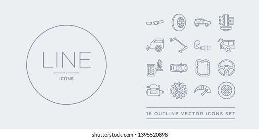 Iconos vectoriales de 16 líneas, como rueda de repuesto de camión, velocímetro de camión, piñón de camión, motor de arranque, volante de dirección, techo corredizo o techo de sol, suspensión, portón trasero. rueda de repuesto, velocímetro,