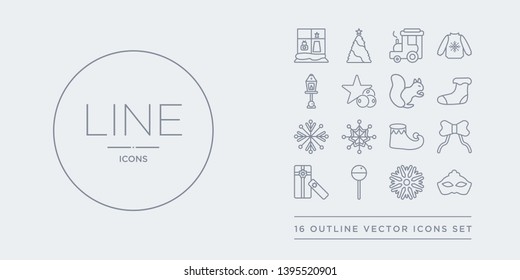 16 line vector icons set such as christmas mask, christmas origami, christmas peppermint, present, ribbon contains shoe, snowflake, snowflake, sock. mask, origami, peppermint from outline icons.