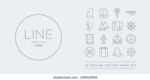 16 line vector icons set such as flowers, fun hat, gift, gift box, gingerbread contains gingerbread house, gingerbread man, guest list, ice crystal. flowers, fun hat, gift from christmas outline