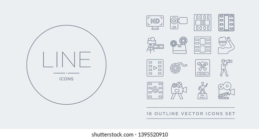 16 line vector icons set such as film, film award, film camera, counter, director contains poster, reel, roll, star. award, camera from cinema outline icons. thin, stroke elements